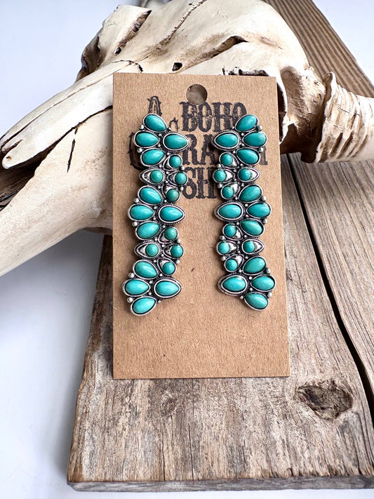 Western Squash Blossom Bar Turquoise Stone Drop Earrings