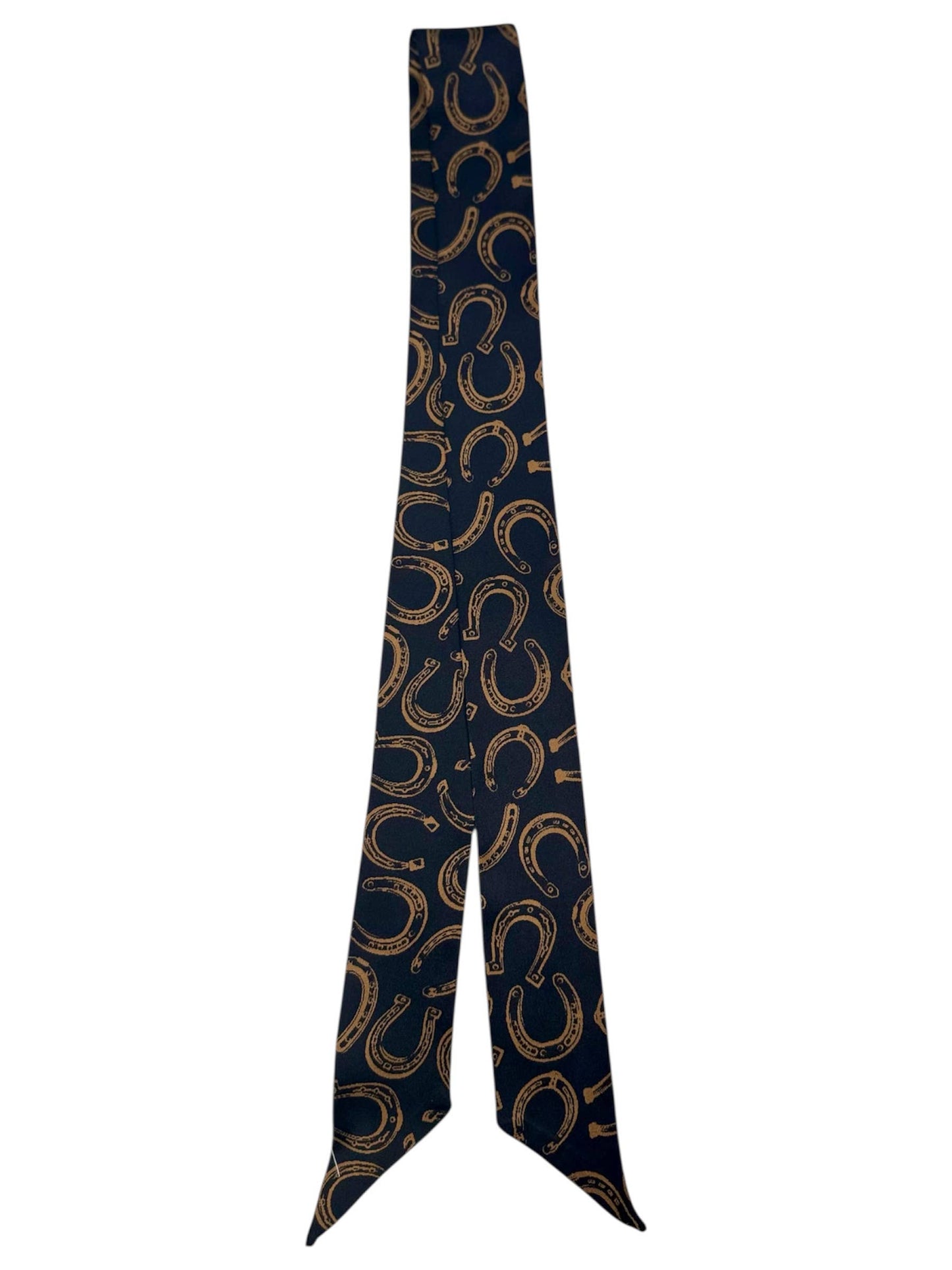 Black Silk Twilly Scarf with Tan Horseshoe Pattern