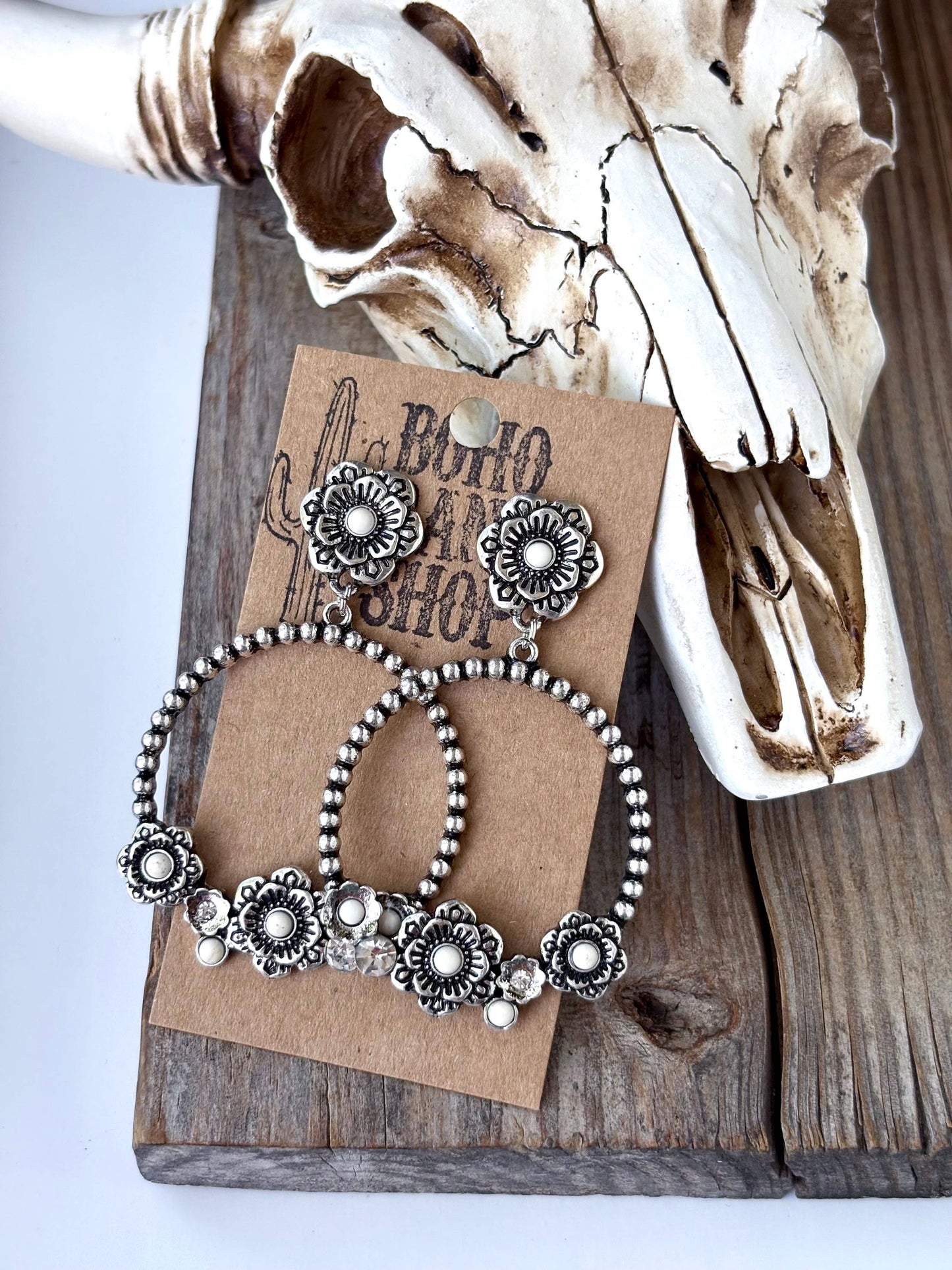 Western Style Flower w/ Stone Hoop Post Drop Earrings