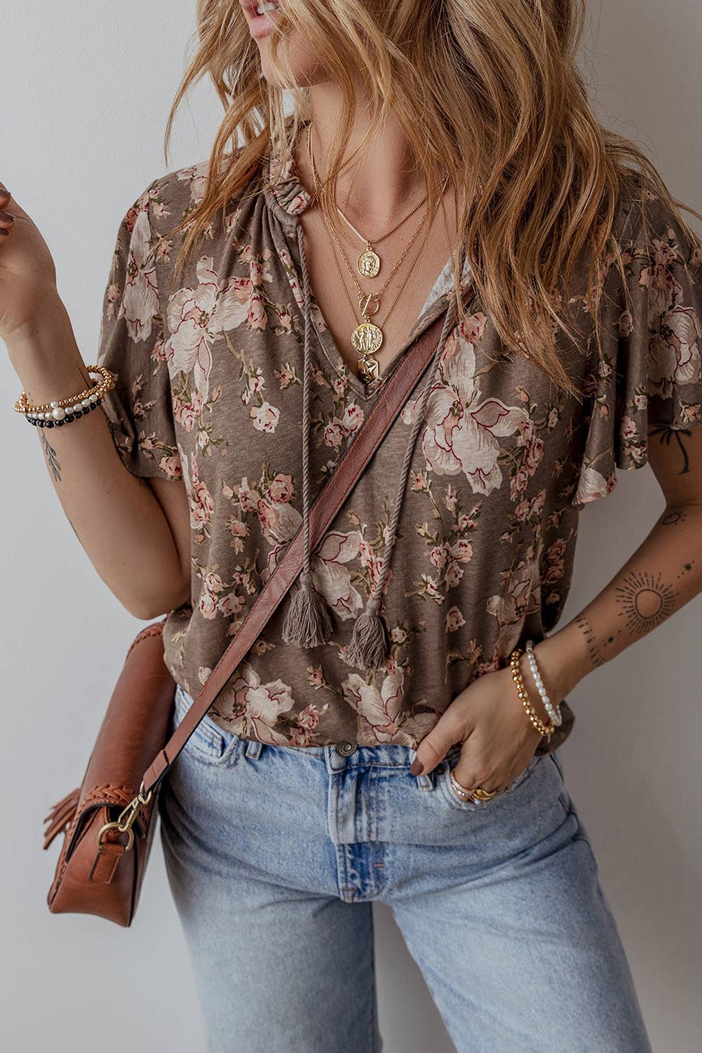 Floral Print Tassel Tie Split Neck Short Sleeve Blouse