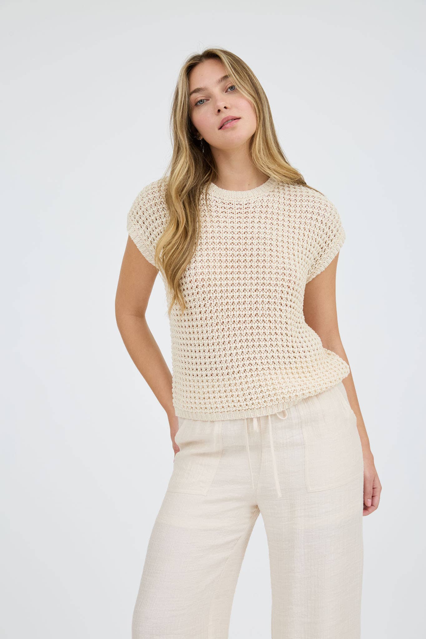 CROCHET KNIT BATWING SHORT SLEEVE SWEATER TOP-TAN