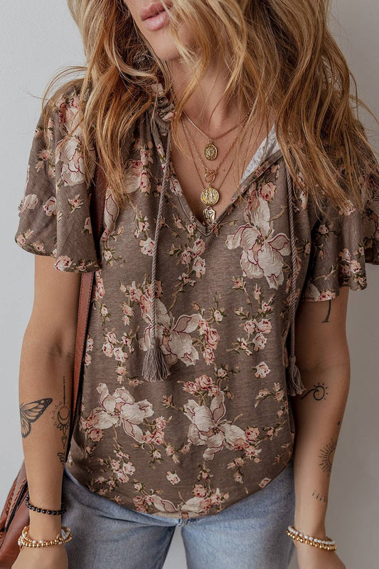 Floral Print Tassel Tie Split Neck Short Sleeve Blouse