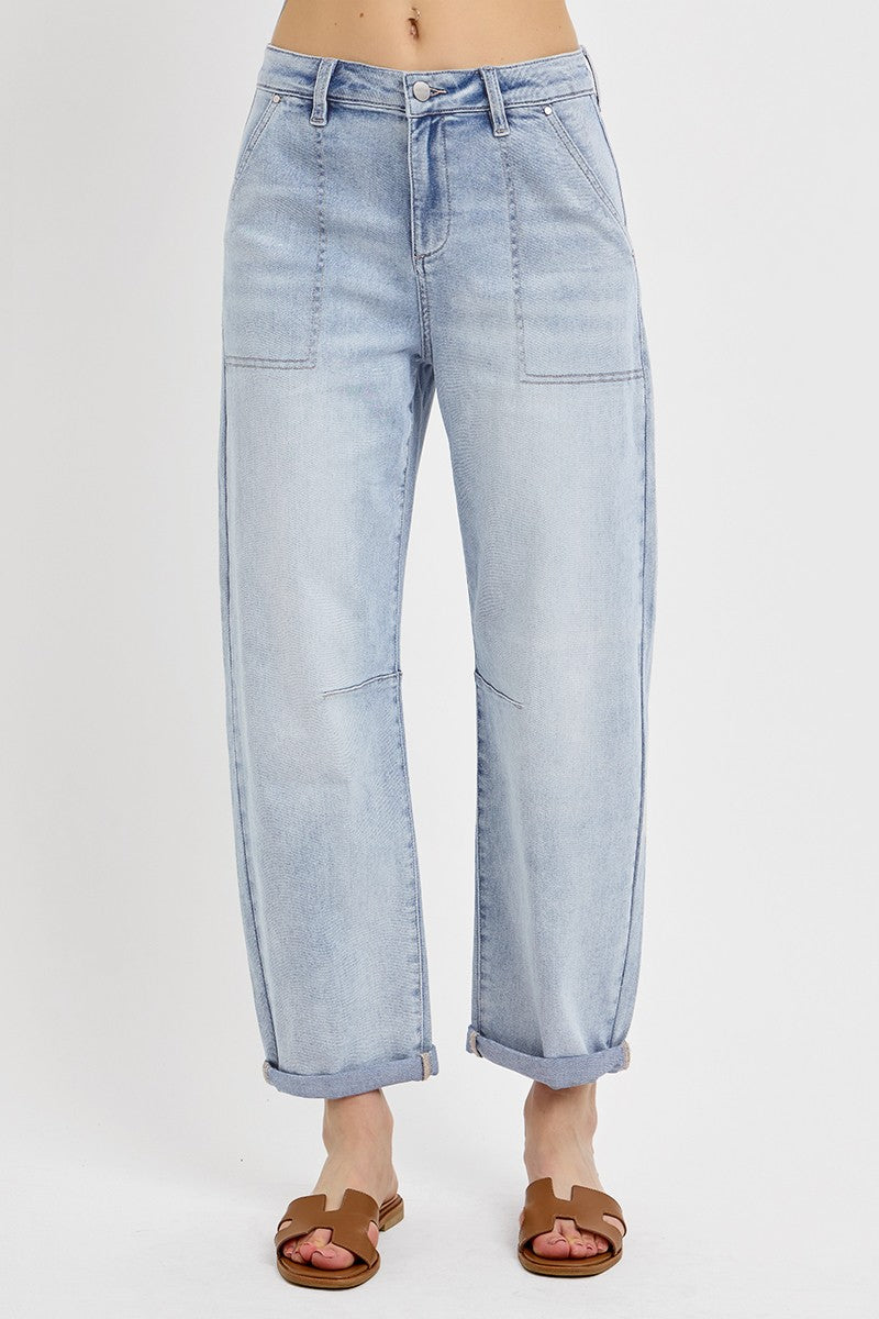 Mid Rise Barrel Relaxed Patch Pocket Jeans