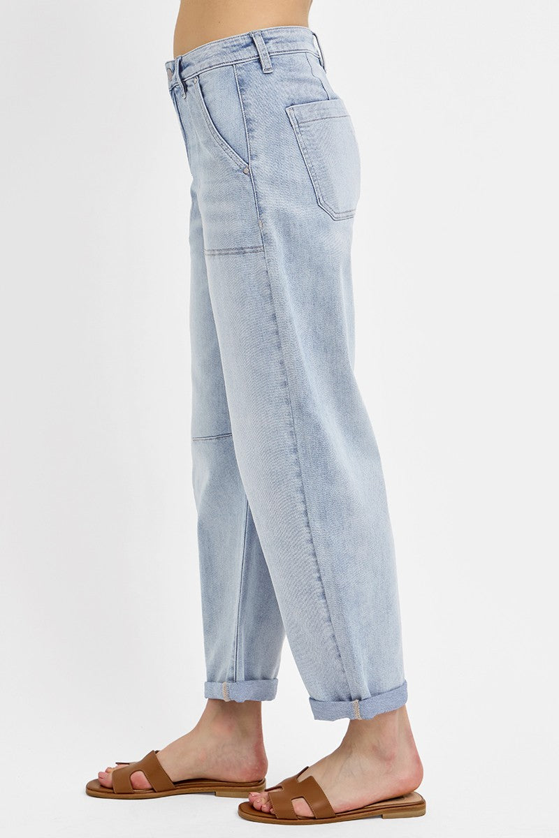 Mid Rise Barrel Relaxed Patch Pocket Jeans