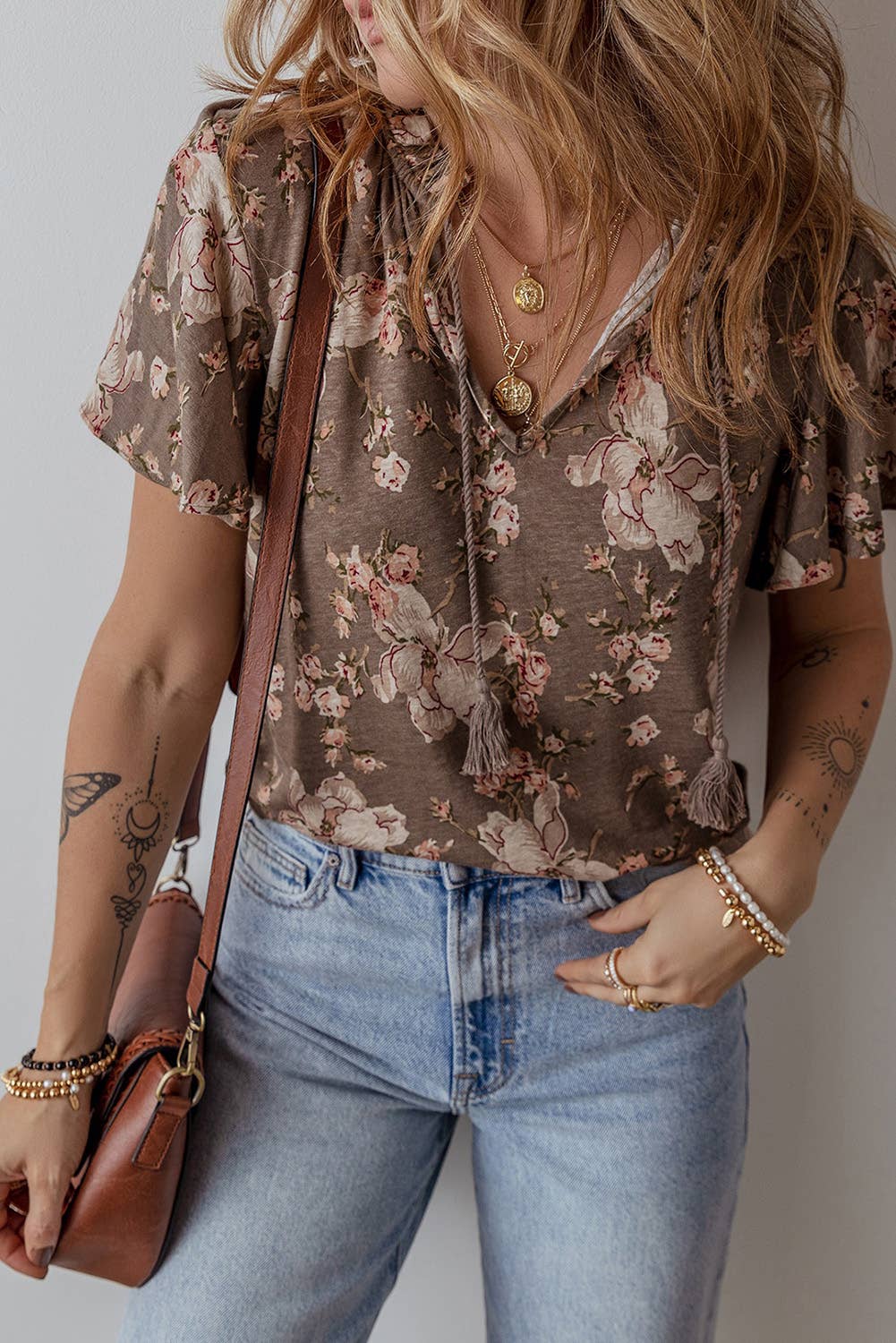 Floral Print Tassel Tie Split Neck Short Sleeve Blouse