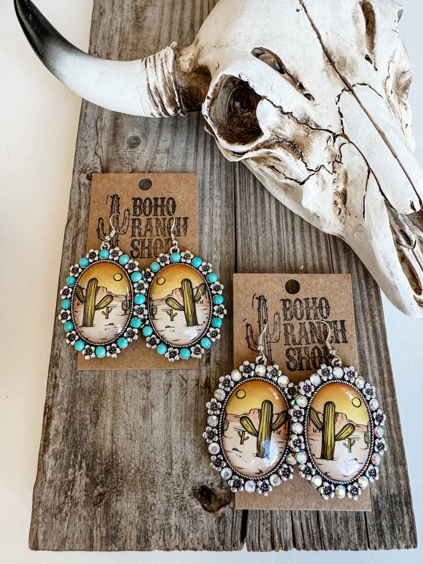 Western Scenery Dangle Earrings - cactus desert rodeo cowboy