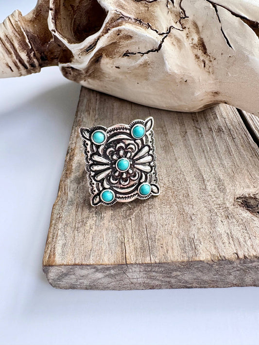 Western Conch Turquoise Stone Concho Adjustable Ring