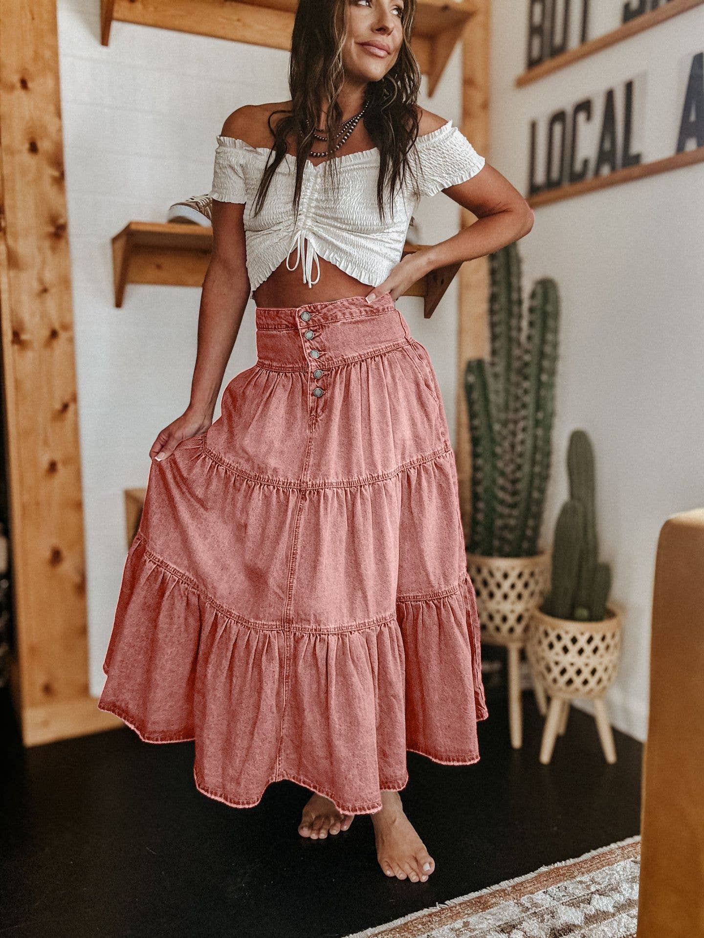 Bohemian Tiered Denim Skirt A-Line