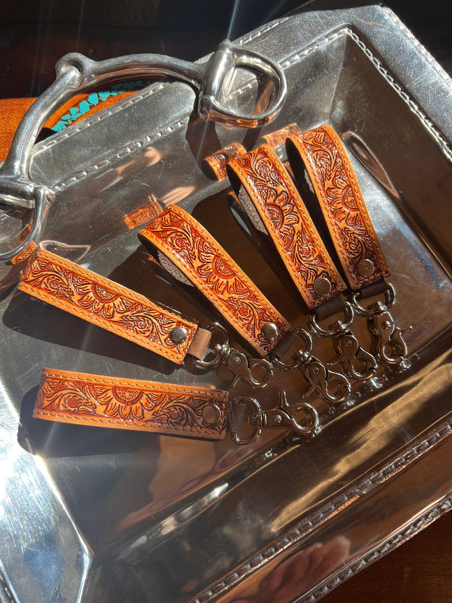Tooled Leather Western Sunflower Keychain