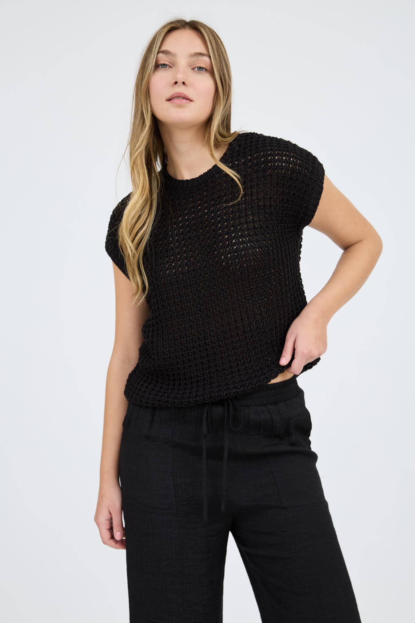 CROCHET KNIT BATWING SHORT SLEEVE SWEATER TOP-TAN