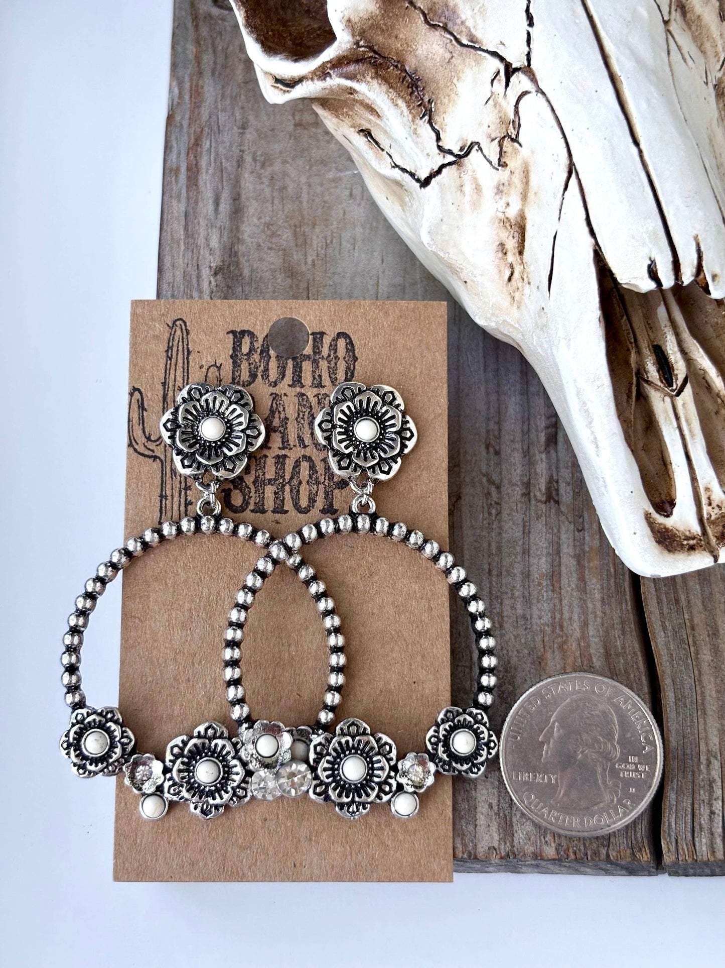 Western Style Flower w/ Stone Hoop Post Drop Earrings