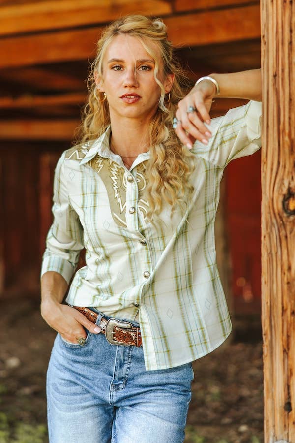 Ivory Aztec Boot Stitch Yoke Button Down Top