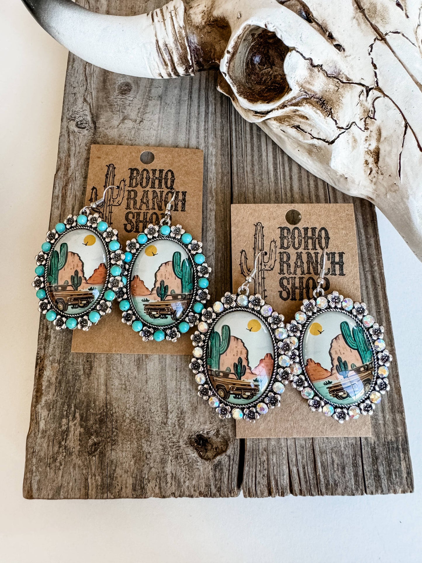 Western Scenery Dangle Earrings - cactus desert rodeo cowboy