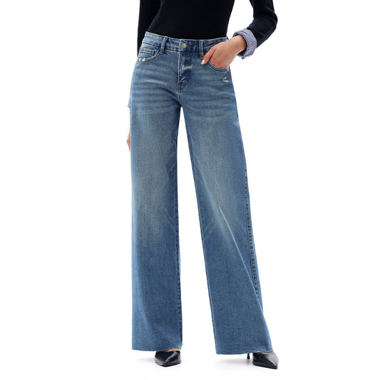 Mid Rise Wide Leg Jeans Raw Hem Vintage Distressed