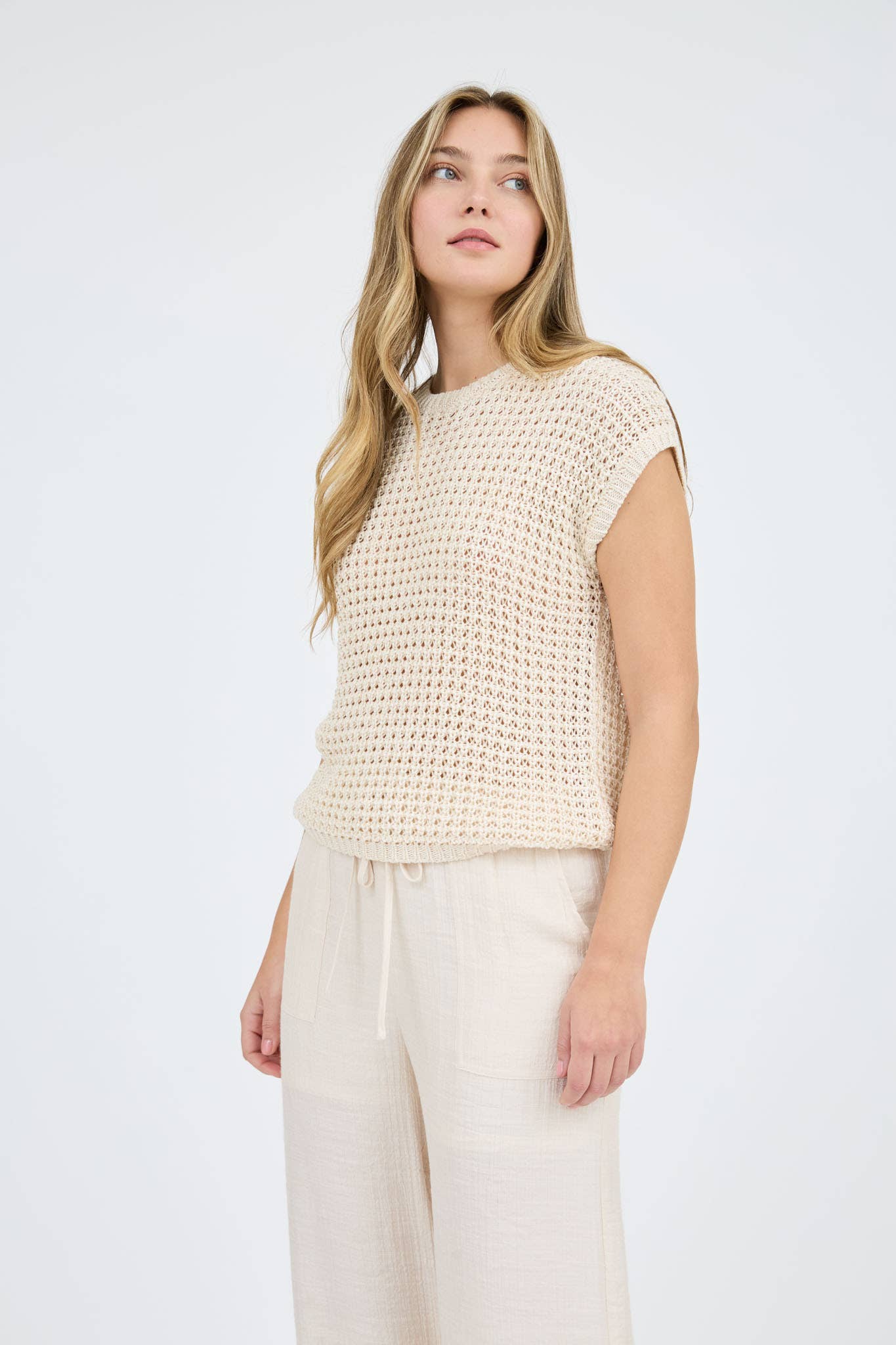 CROCHET KNIT BATWING SHORT SLEEVE SWEATER TOP-TAN