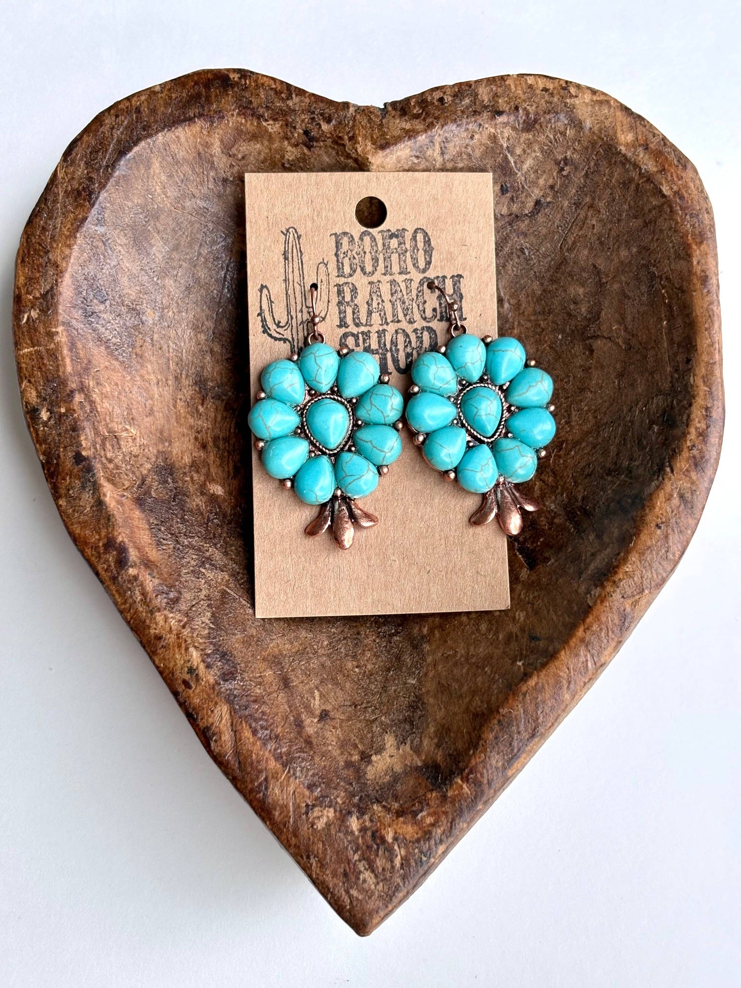 Turquoise Stone Western Squash Blossom Dangle Drop Earrings