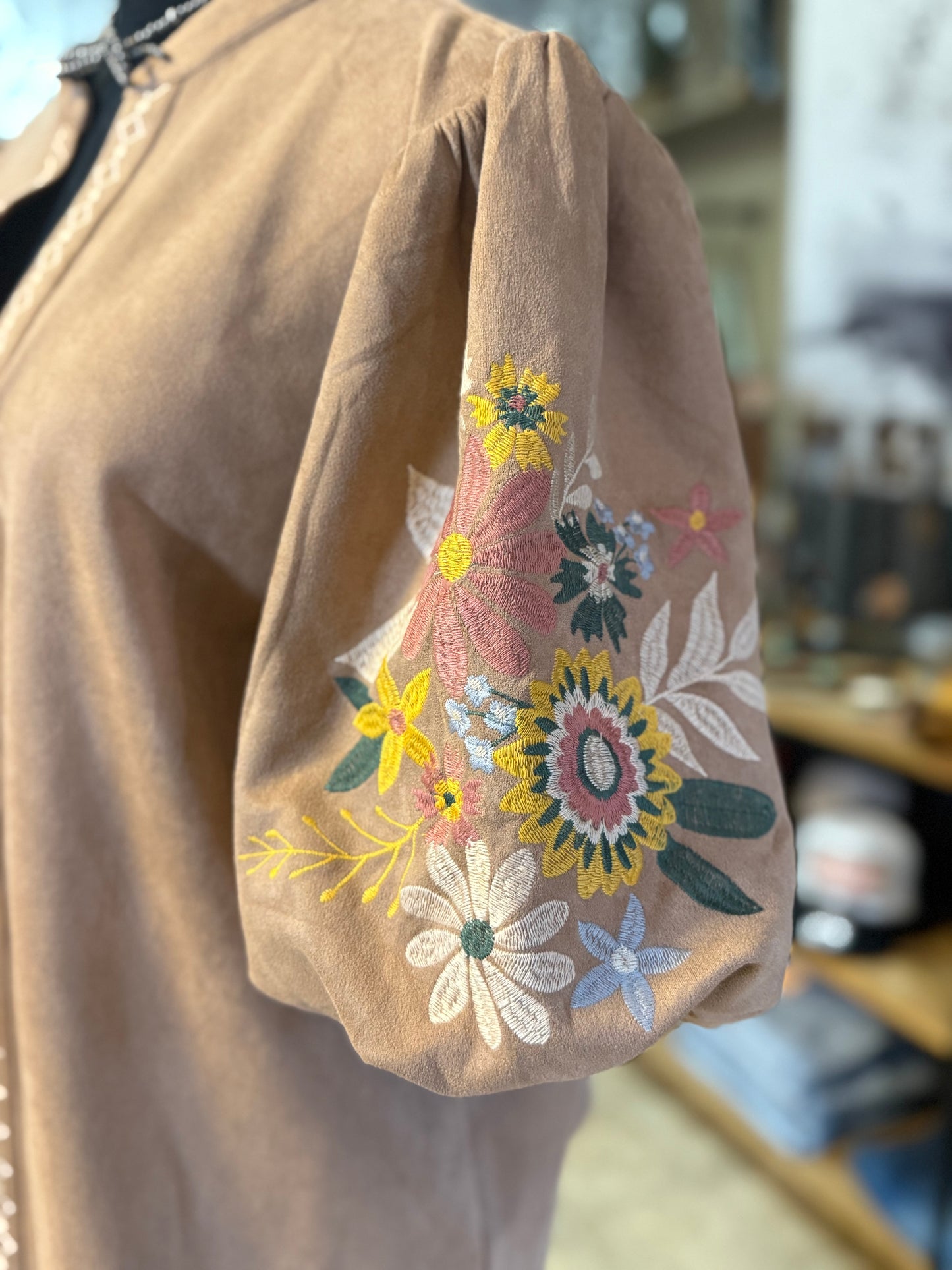 FAUX SUEDE PUFF SLEEVE TOP-PLUS SIZE