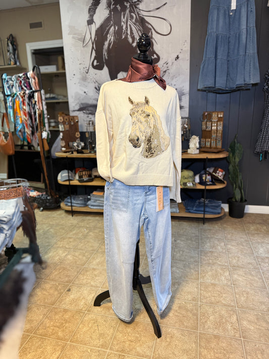 Embroidered Horse Crew Neck Sweater