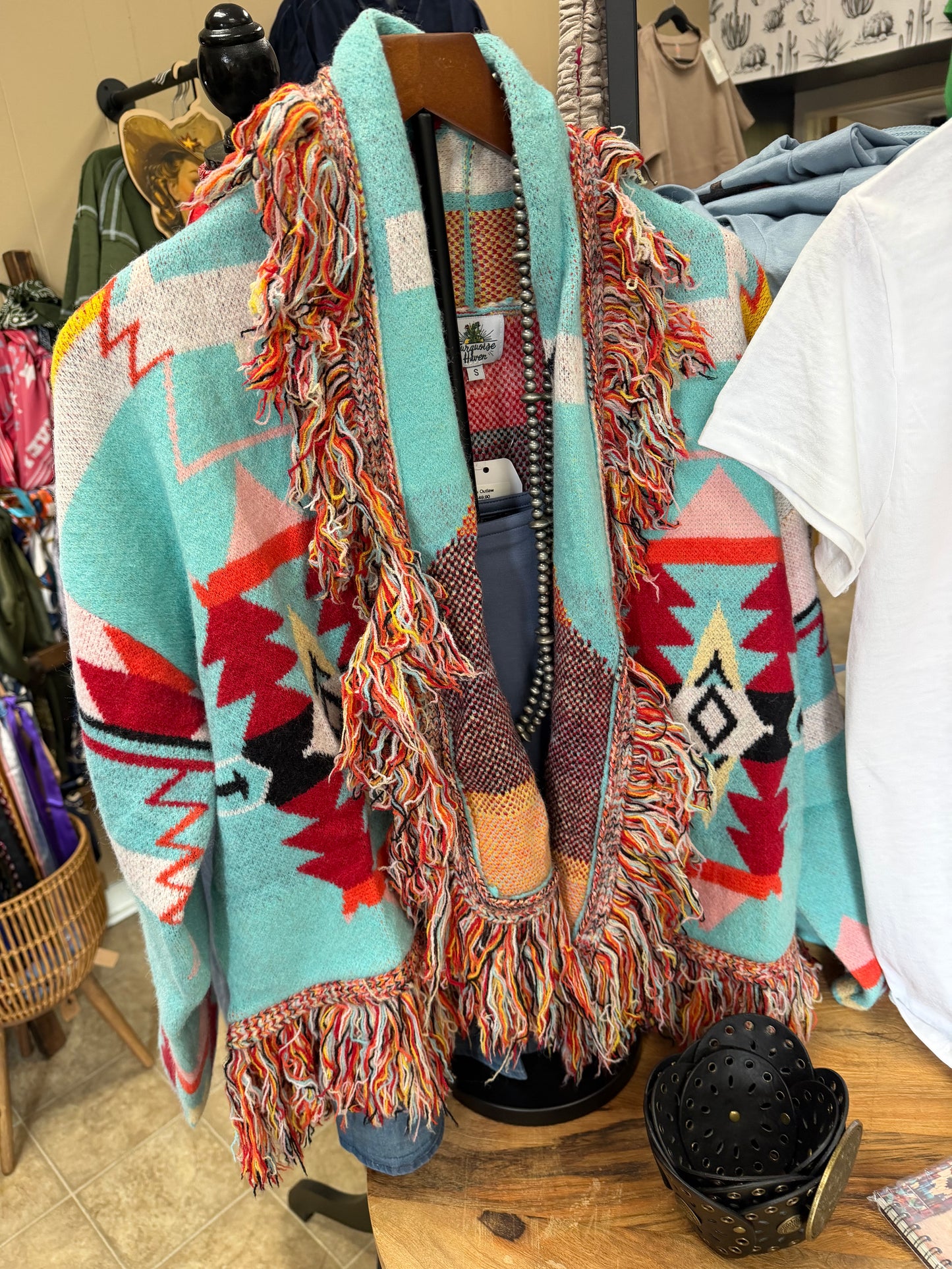 RED AZTEC FRINGE CARDI
