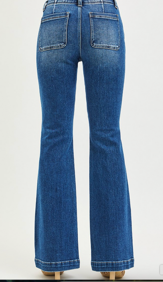 HIGH RISE FLARE JEANS WITH DOUBLE BUTTON DOWN