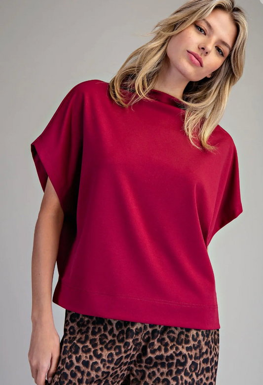 Solid Mock Neck Short Sleeve Top