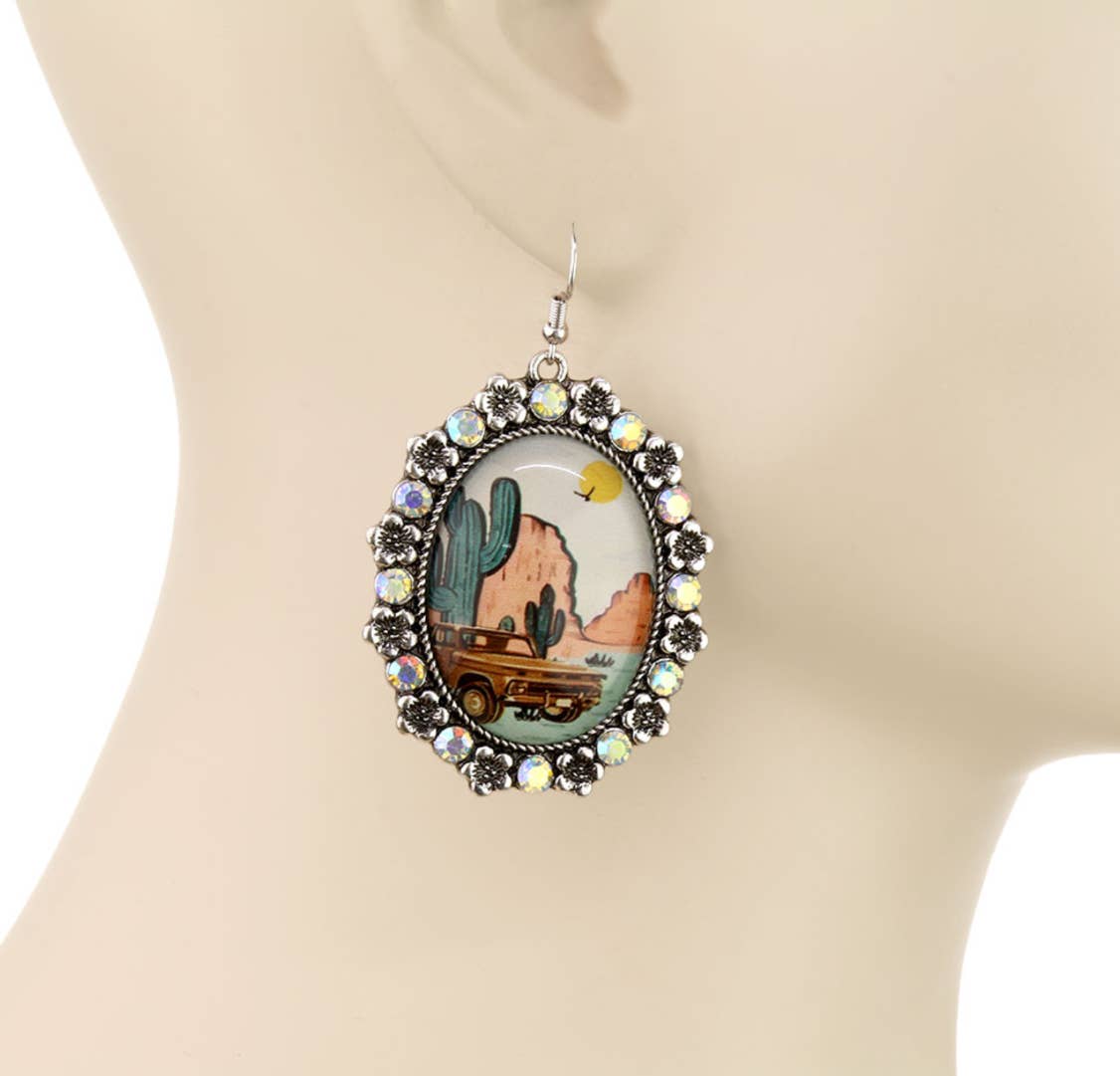 Western Scenery Dangle Earrings - cactus desert rodeo cowboy