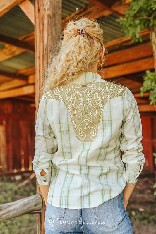 Ivory Aztec Boot Stitch Yoke Button Down Top