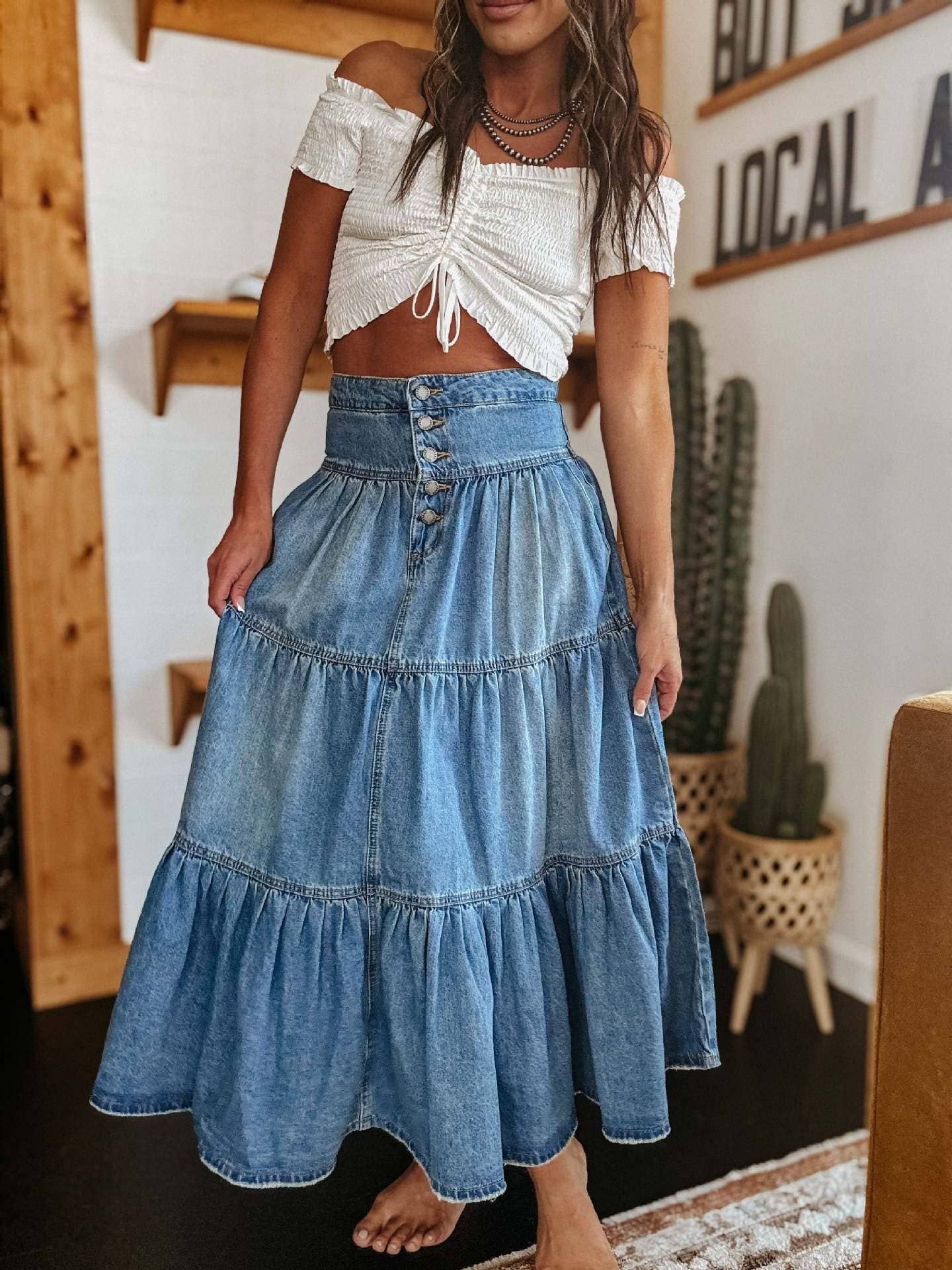 Bohemian Tiered Denim Skirt A-Line