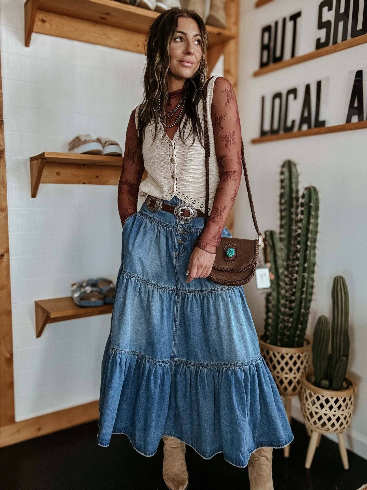 Bohemian Tiered Denim Skirt A-Line