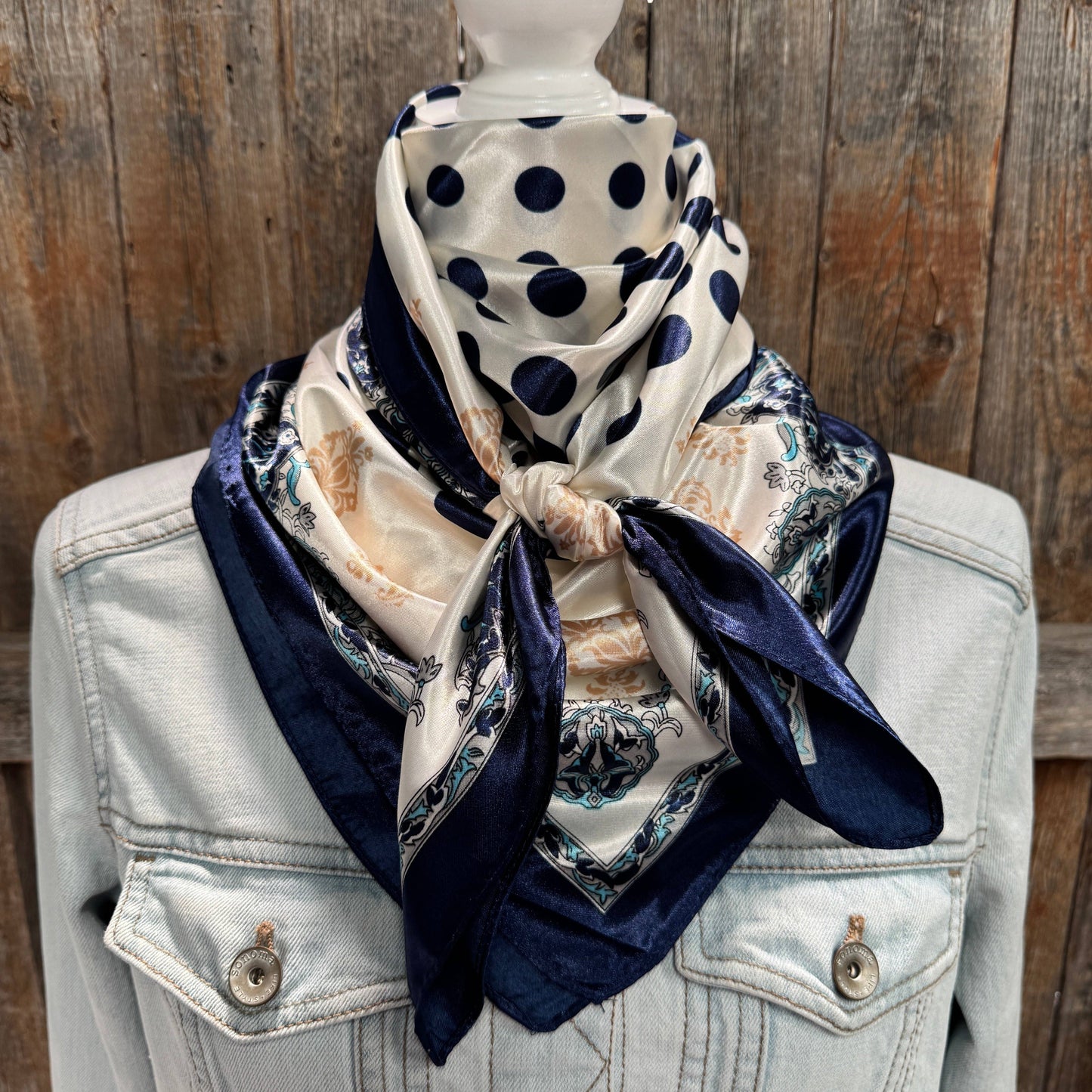 35X35"  Navy and Cream Polka Dot Wild Rag / Scarf WR3161