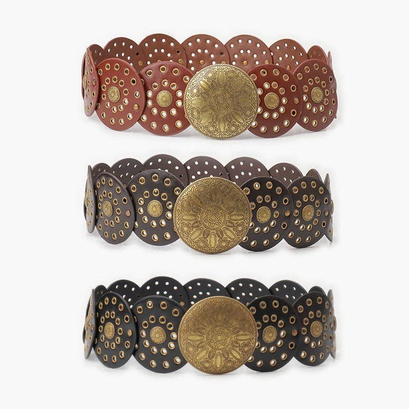 Western Studded Circular Disc Snap Punk Belt