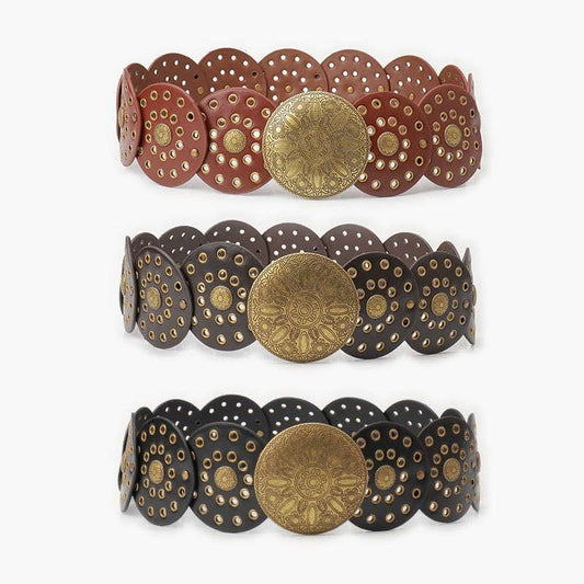 Western Studded Circular Disc Snap Punk Belt