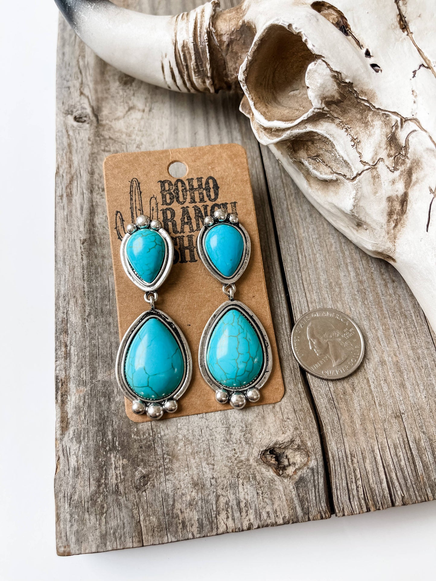 Western Teardrop Stone Dangle Earrings - Turquoise White