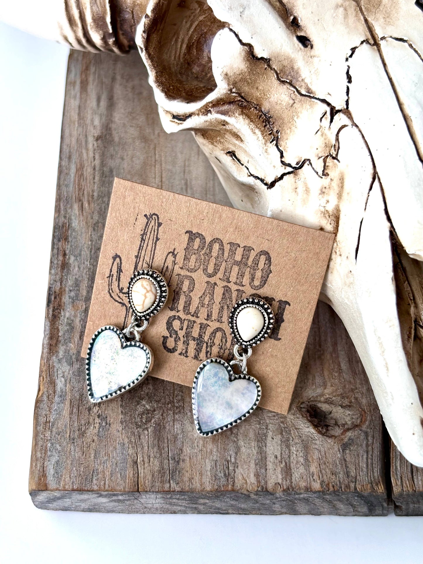 Teardrop Stone & Mother of Pear Heart Post Drop Earrings