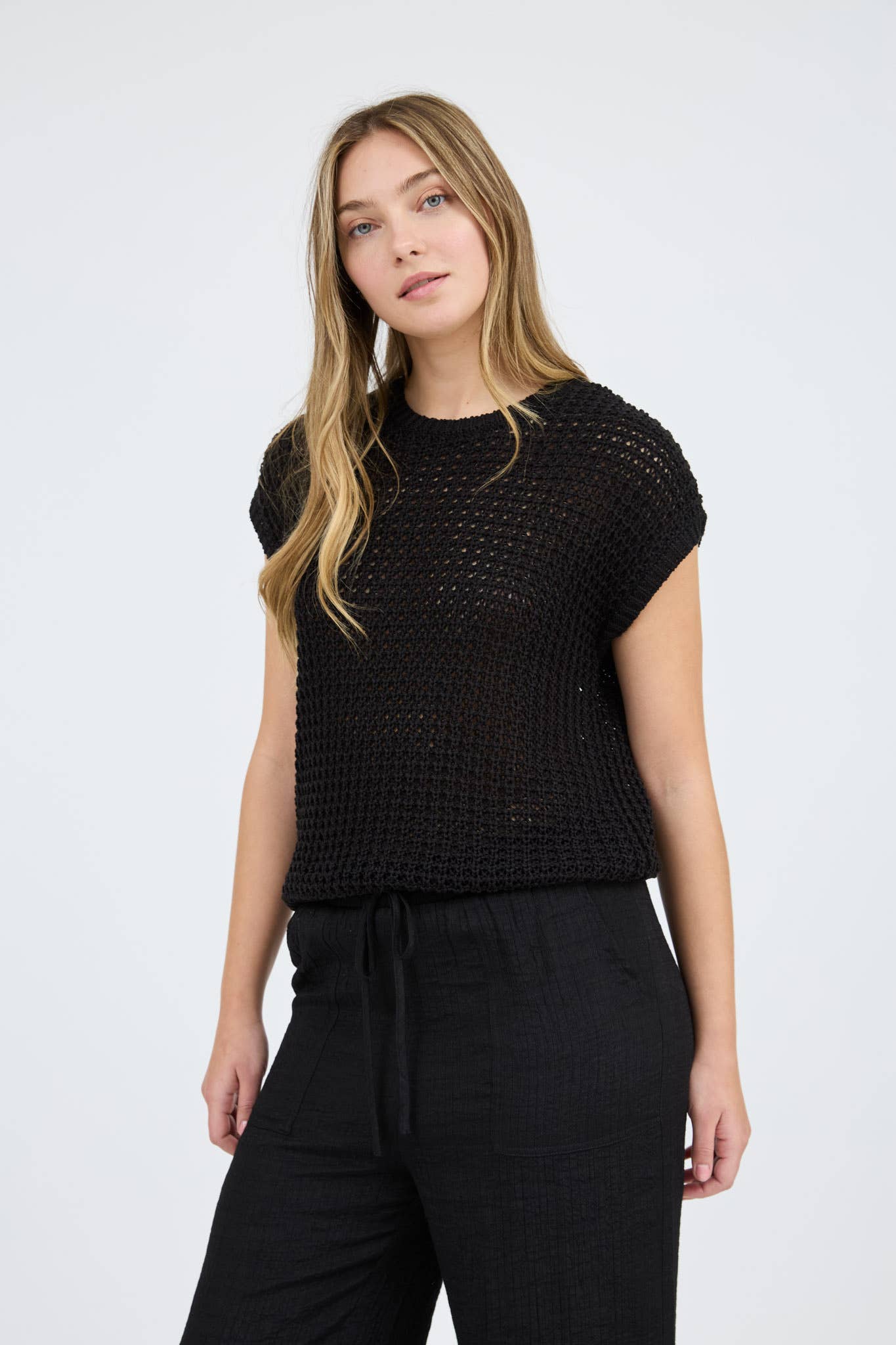 CROCHET KNIT BATWING SHORT SLEEVE SWEATER TOP-TAN