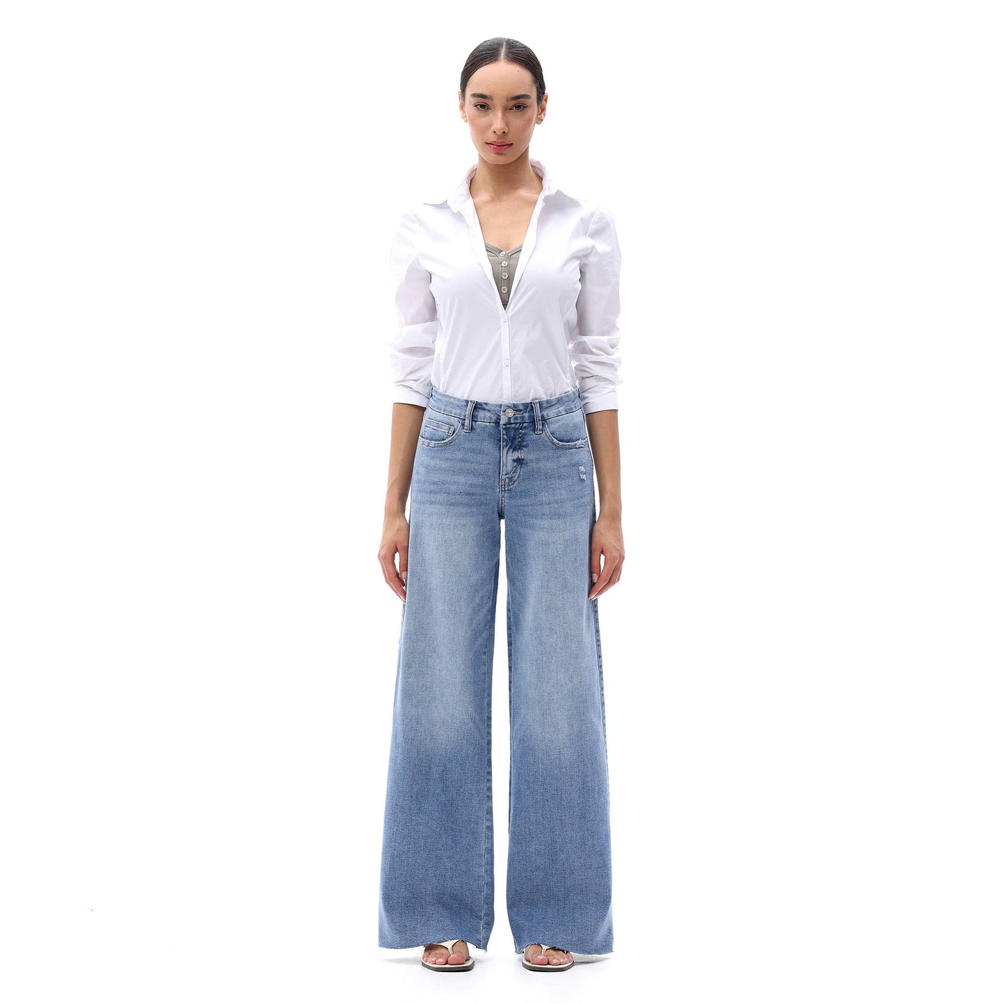 Mid Rise Wide Leg Jeans Raw Hem Vintage Distressed