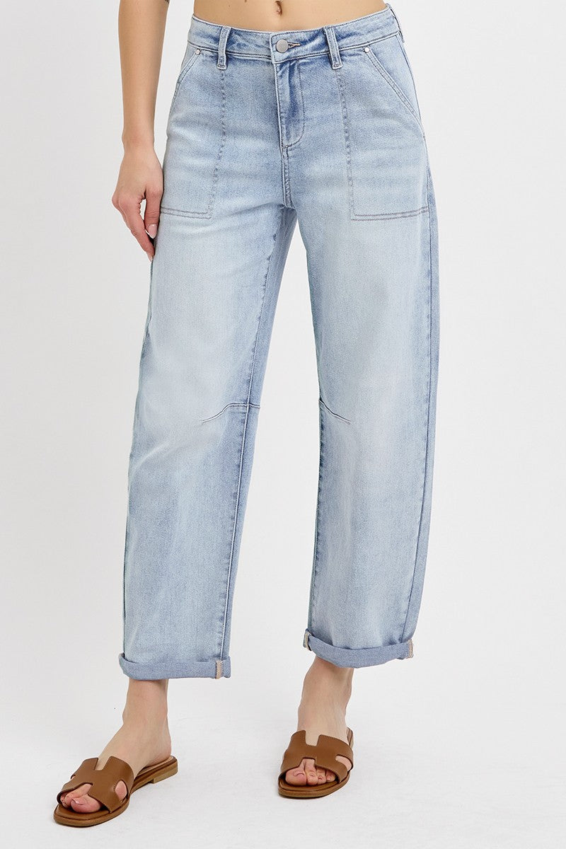 Mid Rise Barrel Relaxed Patch Pocket Jeans