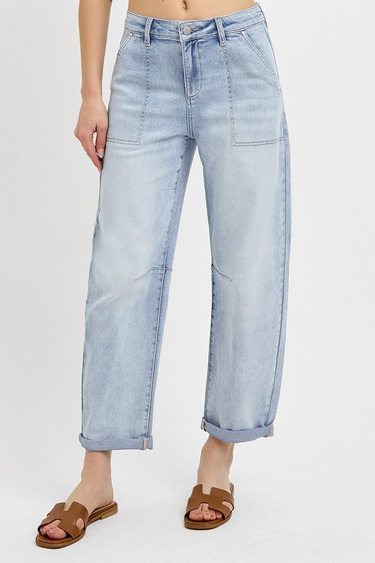 Plus Size Mid Rise Barrel Patch Pocket Jeans