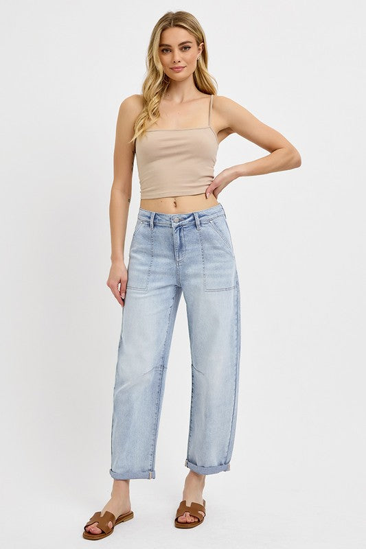 Plus Size Mid Rise Barrel Patch Pocket Jeans