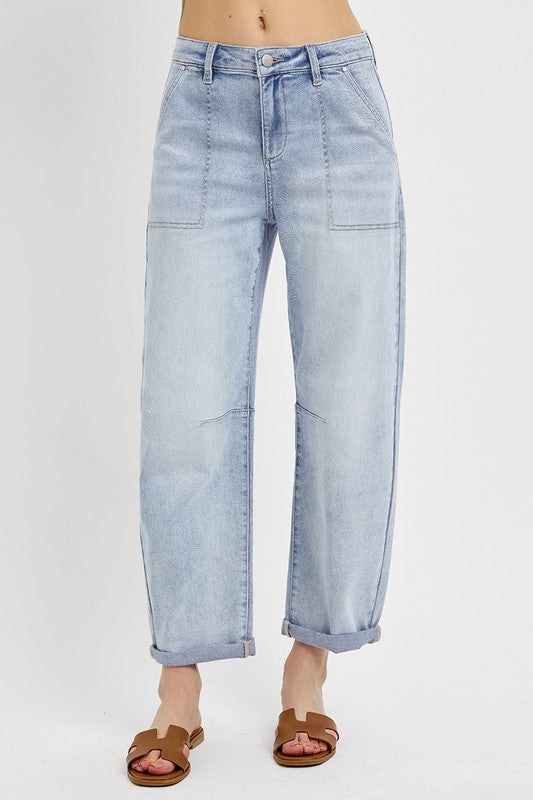 Plus Size Mid Rise Barrel Patch Pocket Jeans