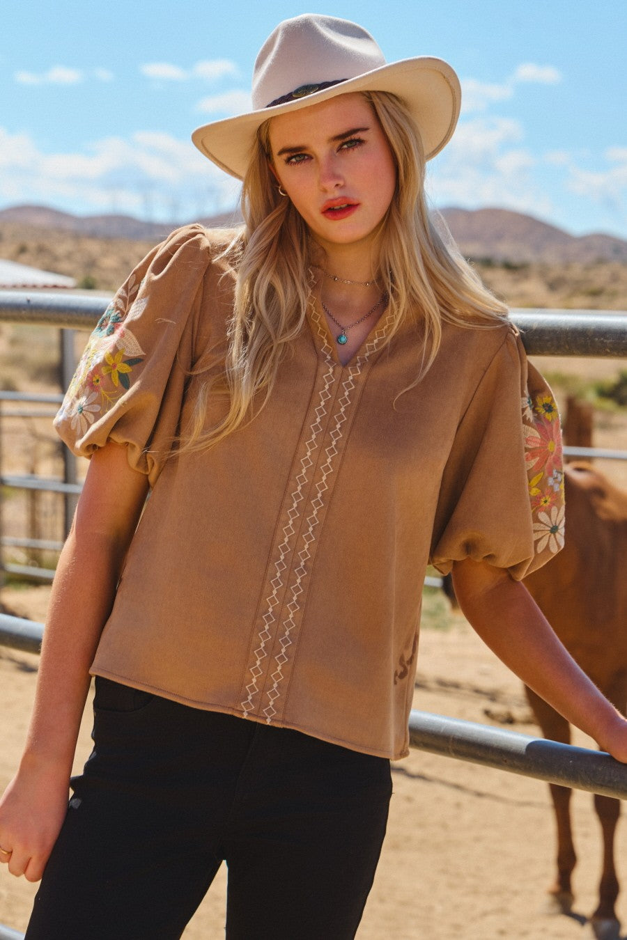 FAUX SUEDE PUFF SLEEVE TOP-PLUS SIZE