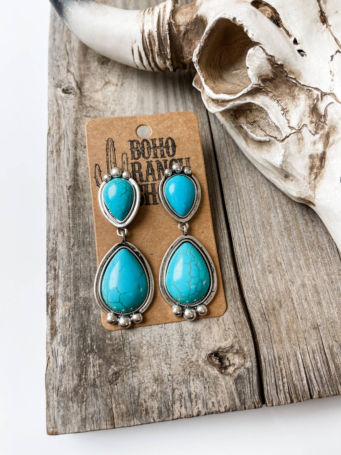 Western Teardrop Stone Dangle Earrings - Turquoise White