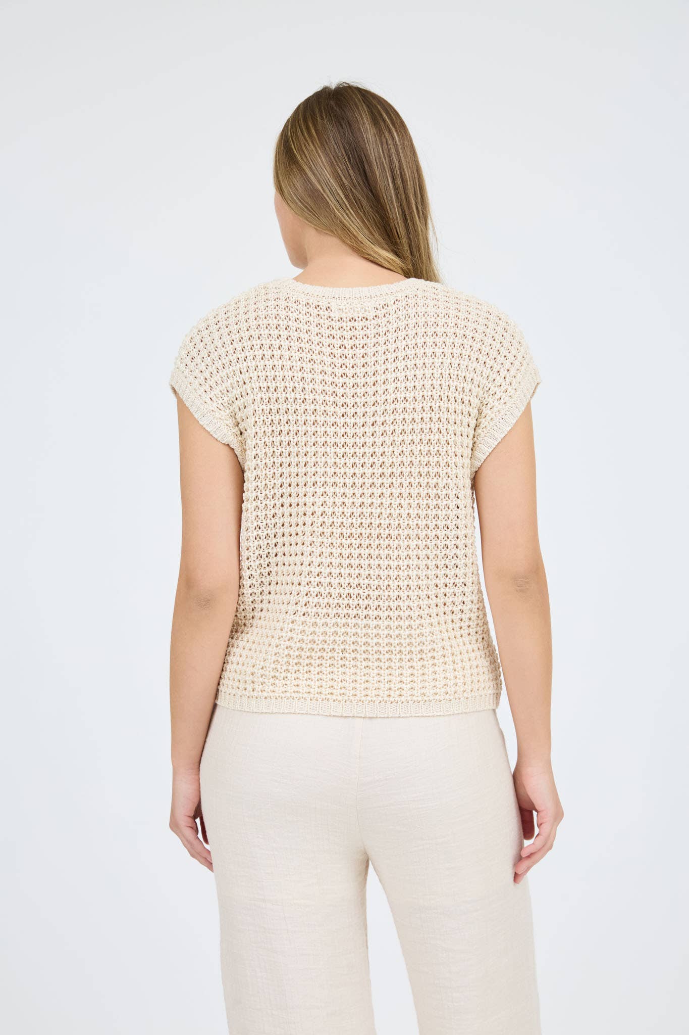 CROCHET KNIT BATWING SHORT SLEEVE SWEATER TOP-TAN