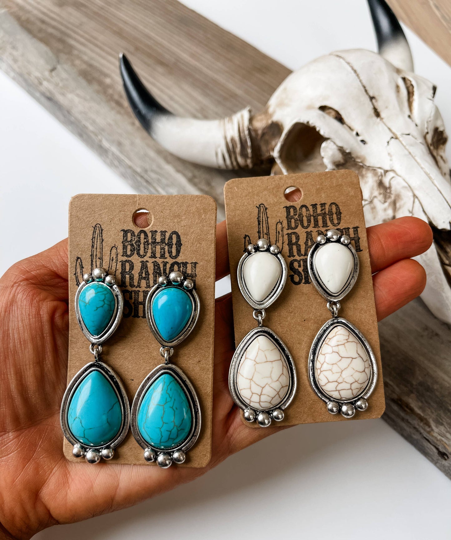 Western Teardrop Stone Dangle Earrings - Turquoise White
