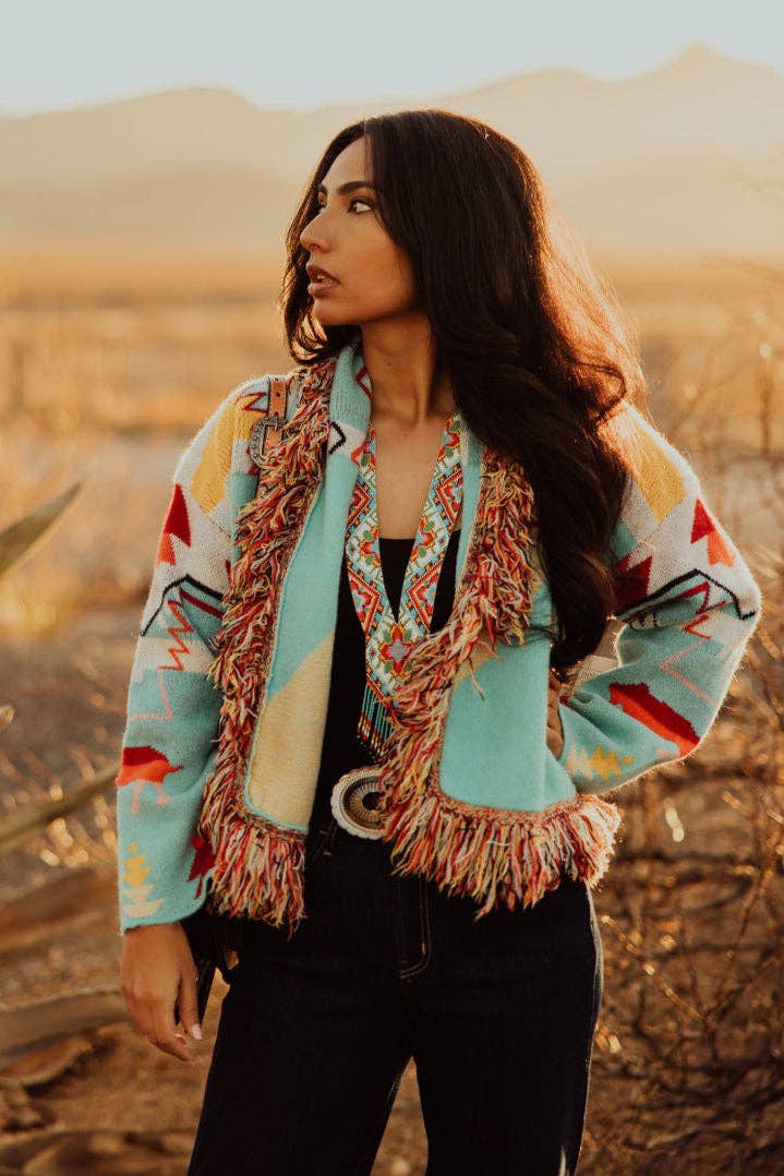 RED AZTEC FRINGE CARDI