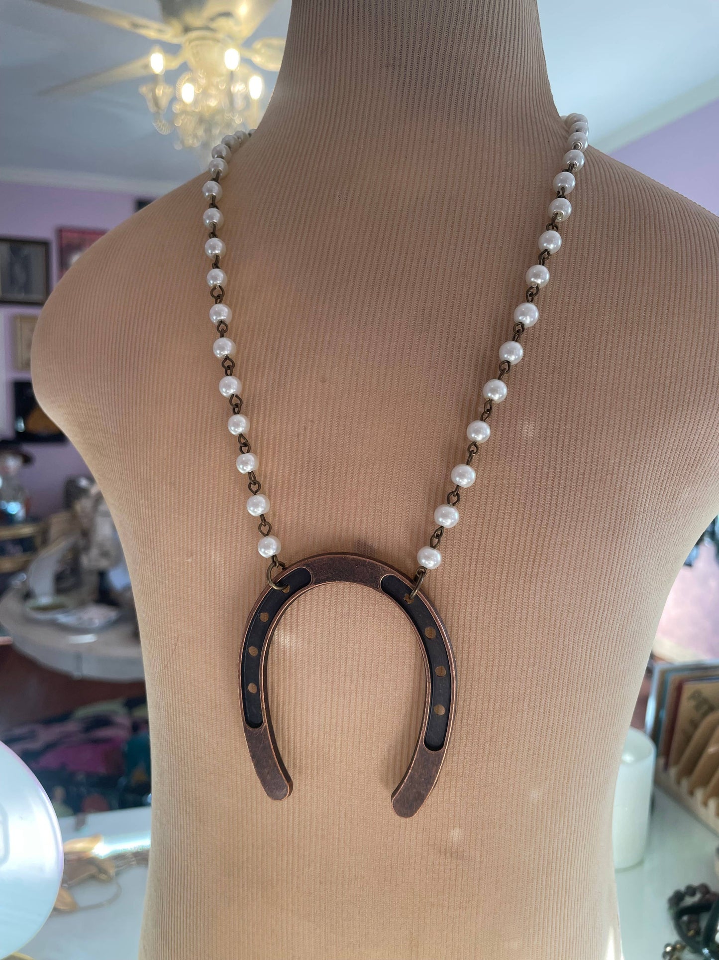 Horseshoe on Pearls Necklace