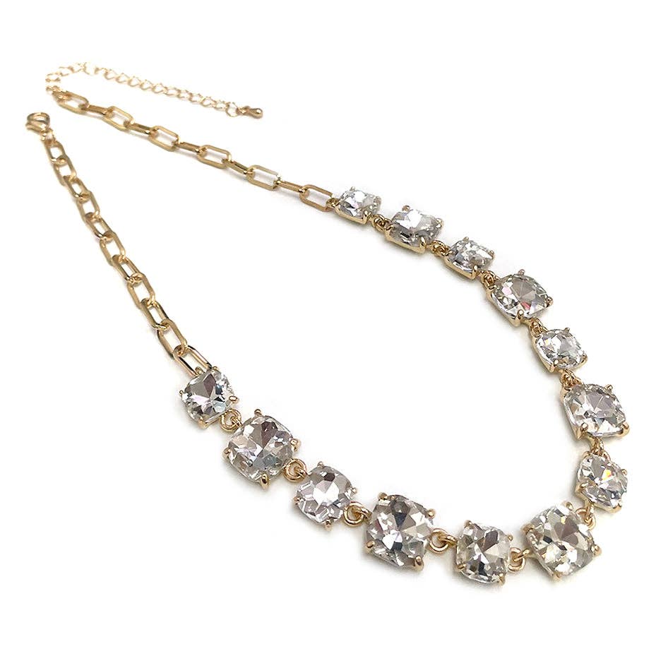 Gold-Tone Cushion-Cut Crystal Necklace with Link Chain