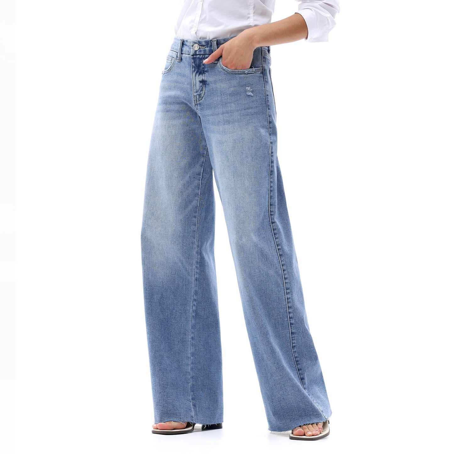 Mid Rise Wide Leg Jeans Raw Hem Vintage Distressed