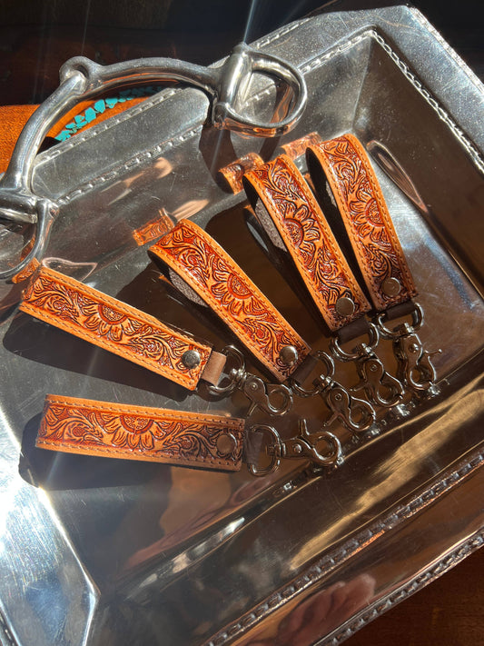 Tooled Leather Western Sunflower Keychain