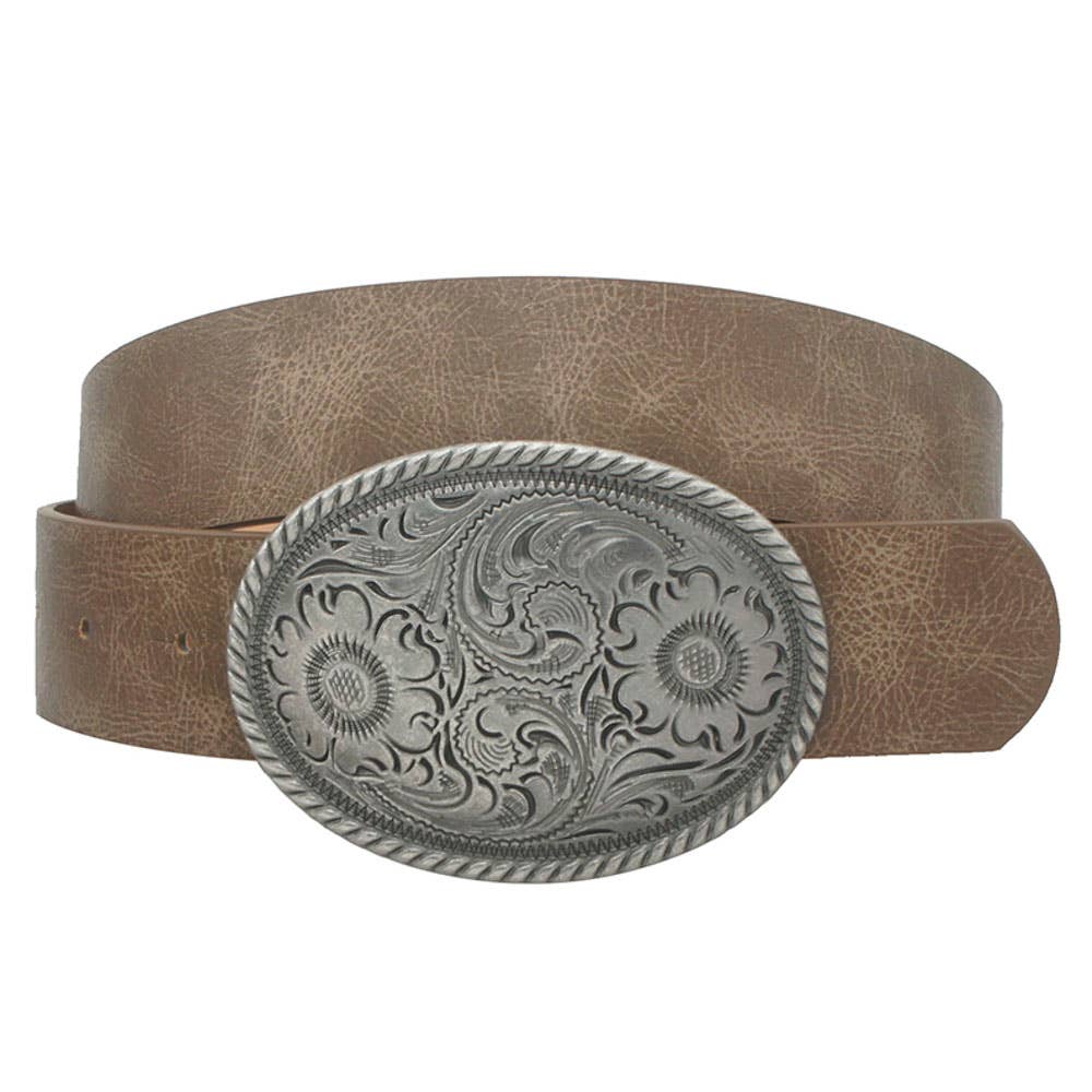 FLOWER EMBOSSED OVAL BUCKLE VINTAGE STRAP BELT IW-36005